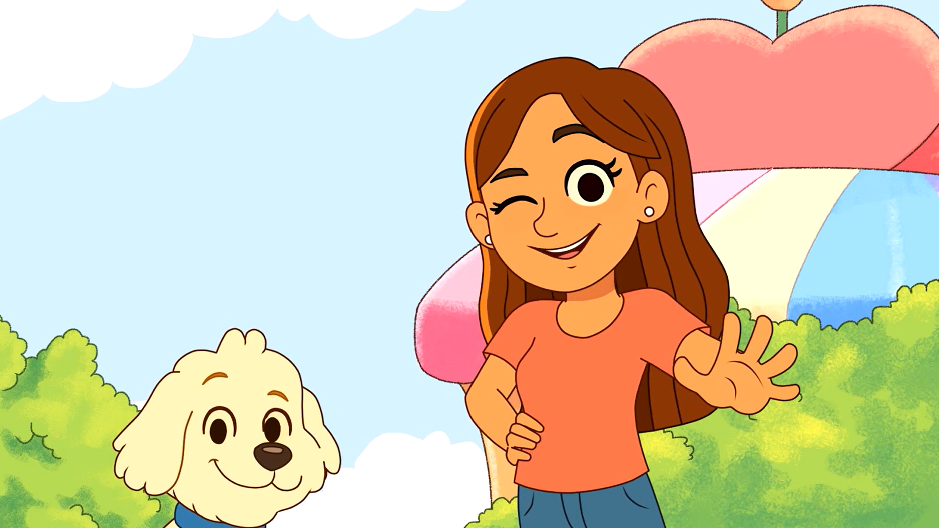 A scene from CarTunez — Jewels waving alongside Lucky the dog in a bright, playful world
